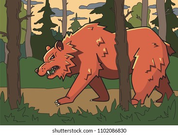 Angry brown bear walking through siberian forest. Line vector illustration. Colored cartoon style. Horizontal.