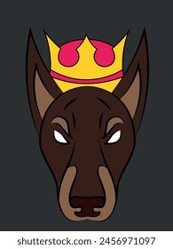 Angry brown Doberman dog with elegant king crown. Vector pet logos	