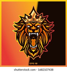 Angry brown lion roar text esport and sport mascot logo design in modern illustration concept for team badge emblem and thirst printing.Crown illustration on Brown Gold Background. Vector illustration