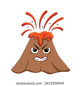 Angry brown mountain with volcano eruption activity with lava fire and stones coming out. Natural disaster vector illustration. Simple flat colorful character cartoon art styled drawing.