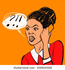 Angry brunette woman with mobile phone and text bubble. Hand drawn vector illustration.