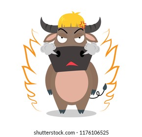 Angry buffalo cartoon character on white background - vector illustration