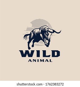 An angry bull with big horns is jumping, jumping. Vector illustration.