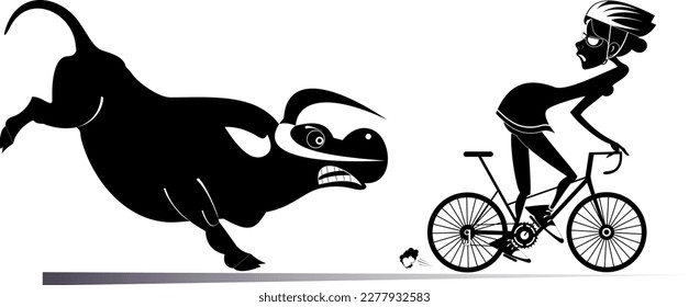 Angry bull and cyclist woman.
Frightened cyclist woman escapes from the angry bull. Black and white illustration
