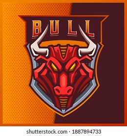 Angry Bull esport and sport mascot logo design with modern illustration concept for team, badge, emblem and t-shirt printing. Red Bull illustration on isolated background. Premium Vector