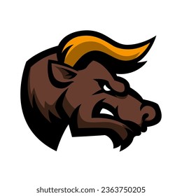 Angry bull head. Buffalo Mascot Head. Design element for logo, label, sign, badge.