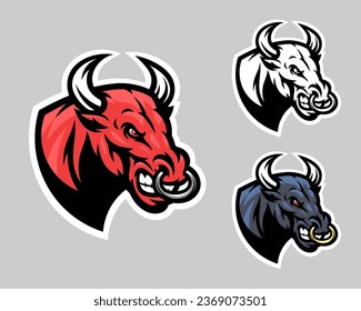Gry-Bull-Kopfzeichen mit Farbvariationen in Rot, Schwarz und Schwarz-Weiß.