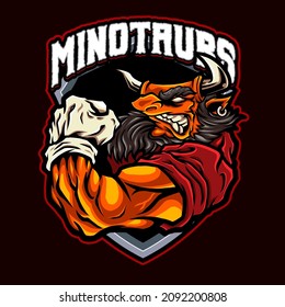 Angry Bull Minotaur esport logo mascot design.
