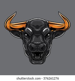 Angry Bull with open mouth. Sharp gold horns
