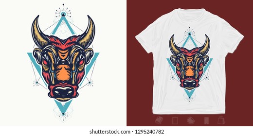 Angry bull. Print for t-shirts and another, trendy apparel design. Minotaur, symbol of bravery, fight, hero, army 