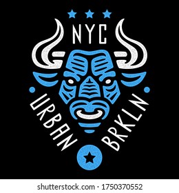 Angry bull. Retro blue poster. Vintage design for t-shirt. Urban. New York City. Brooklyn.