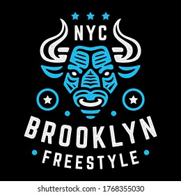 Angry bull. Retro blue poster. Vintage design for t-shirt. Urban.