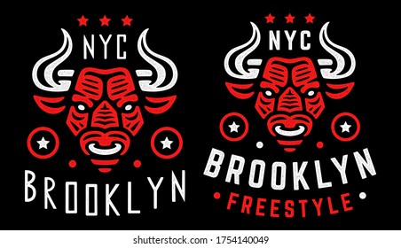 Angry bull. Retro red poster. Vintage design for t-shirt. Urban. New York City. Brooklyn.