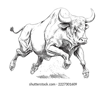 Bull enojado corriendo el bosquejo de rodeo dibujado a mano estilo de grabado Ilustración vectorial.