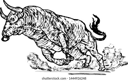 An angry bull trampling up dust. Hand drawn vector illustration. 