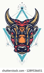 Angry bull t-shirt design. Minotaur, symbol of bravery, fight, hero, army 