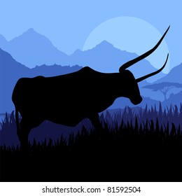 Angry bull in wild country side landscape illustration