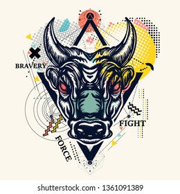 Angry bull  zine culture style contemporary collage. Minotaur, symbol of bravery, fight, hero, army 