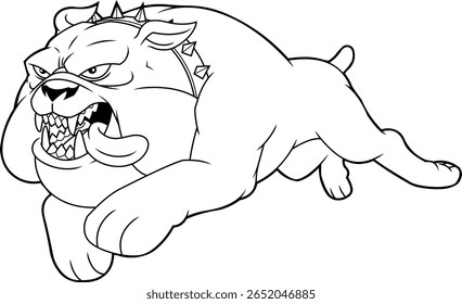 Angry Bulldog Cartoon Personagem Saltando com língua para fora - Ilustração desenhada à mão vetor preto e branco isolado no fundo transparente