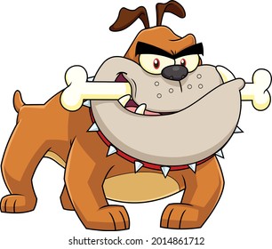 Angry Bulldog Cartoon Mascot Character With A Bone In His Mouth. Vector Hand Drawn Illustration Isolated On Transparent Background