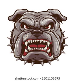 Angry Bulldog face illustration featuring fierce red eyes and a spiked collar. Vector design perfect for logos, mascots, or edgy graphics.