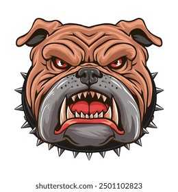 Ilustración vectorial de la cara del bulldog enojado con los ojos rojos feroces y el collar espigado