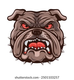 Ilustración vectorial de la cara del bulldog enojado con los ojos rojos feroces y el collar espigado