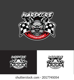 Angry Bulldog Mascot Logo Emblem with Checkered Flags. Offroad Racing Speed Car Illustration. 4x4 offroad sport Logo.