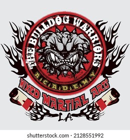 Angry bulldog mascot of a mixed martial arts academy. Martial arts and fighting mascot illustration concept.