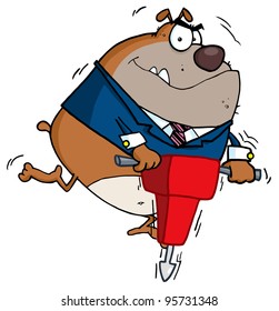 Angry Bulldog Worker Operating A Vibrating Jackhammer.Vector Illustration