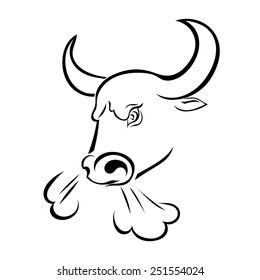 Angry bull's head with the steam from his nostrils isolated on white background. Vector illustration.