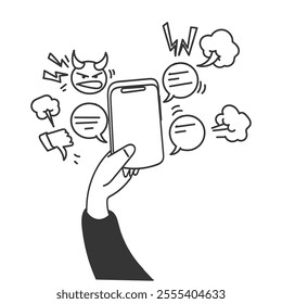 angry and bullying message on phone  in doodle cartoon icon