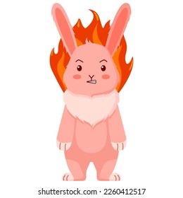 Angry bunny and fire white background  Emotion anger  Cute cartoon character in bad mood  Design funny animals sticker for showing emotion  Vector illustration
