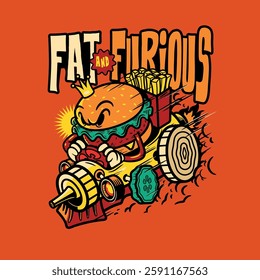 Angry Burger Character Riding Hot Rod Monster Fast Food Vector