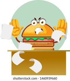 Angry burger is throwing papers off desk, illustration, vector on white background.