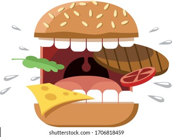 Angry burger with tongue and teeth screaming