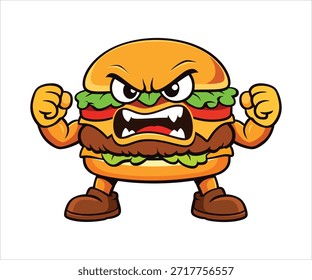 Ilustración enojada de la mascota del Vector de la hamburguesa – carácter de la comida rápida con los brazos y las piernas, estilo de la historieta