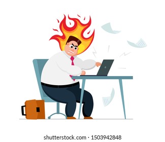 Angry burning fat office worker businessman crushing workplace. Stress and anger furious employee nervous breakdown stress career problems work burnout concept. Negative expression man illustration