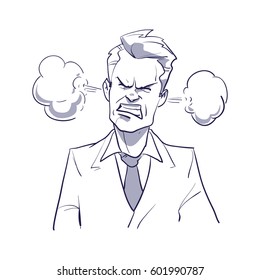 angry business man, concept for stress, burnout, headache, too much work, hand drawn style, cartoon character, vector illustration.