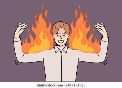 Angry business man experiencing anger and rage, showing burning biceps symbolizing strength and power. Corporate manager demonstrates anger after learning about mistakes made by subordinates