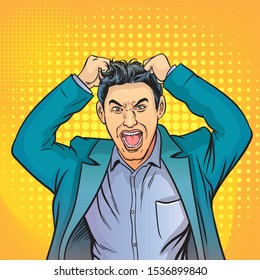 An angry business man hand pulled my own hair while shouting.Vector illustration.Isolated on white background. Pop art retro comic. 