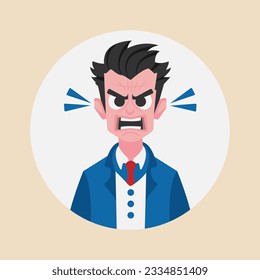 An angry business man scowled, his eyebrows furrowing together and his lips twisting into a deep frown.Vector Illustration.Flat design.
