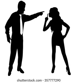 angry business man screaming at the woman who showing finger over lips isolated on a white background. Be quiet, hush sign