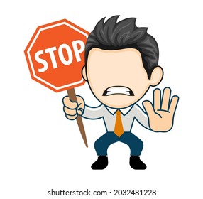 Angry business man showing stop sign. Flat illustration in cartoon style