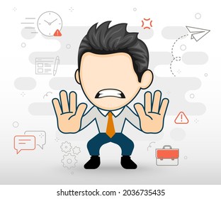 Angry business man showing stop gesture. Flat business illustration in cartoon style