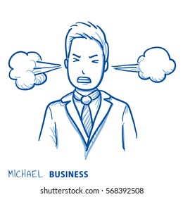 Angry business man with steam coming out of the ears, concept for stress, burnout, headache, too much work. Hand drawn line art cartoon vector illustration.