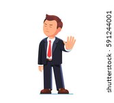 Angry business man or strict boss standing and rejecting something with stop hand gesture. Flat style modern vector illustration isolated on white background.