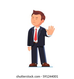 Angry business man or strict boss standing and rejecting something with stop hand gesture. Flat style modern vector illustration isolated on white background.