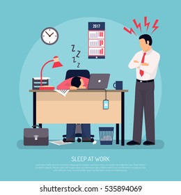 Gerente de negócios irritado e empregado adormecer no trabalho no escritório excesso de trabalho sintomas de aviso cartaz plana ilustração vetorial