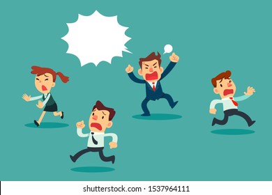 Angry business maneger shouting at his business team while they run away. Stressful business office concept.